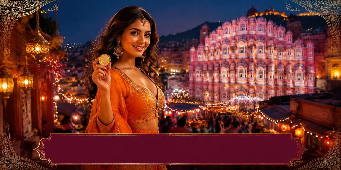 Jaipur Hawa Mahal illuminated at night during festival